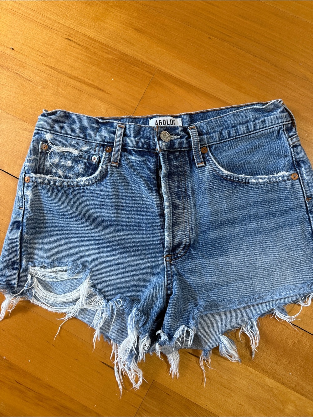 Agolde Light Blue Distressed High-Rise Denim Shorts